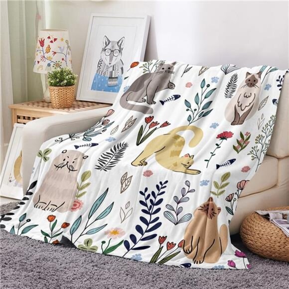 Cat Throw Blanket Floral Plush Fuzzy Cozy Flannel Blanket for Bed Couch 50x60 - Picture 1 of 8